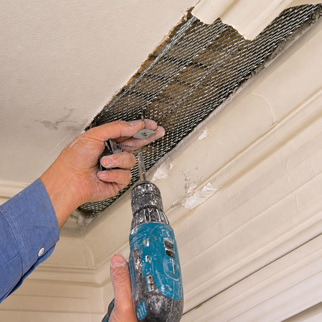 Diamond metal lath installed on a wall for stucco and plaster reinforcement